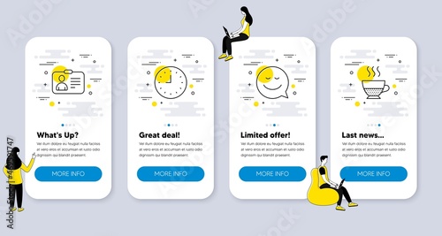 Set of line icons, such as Clock, Id card, Smile icons. UI phone app screens with people. Doppio line symbols. Time or watch, Human document, Chat emotion. Coffee drink. Phone UI banners. Vector