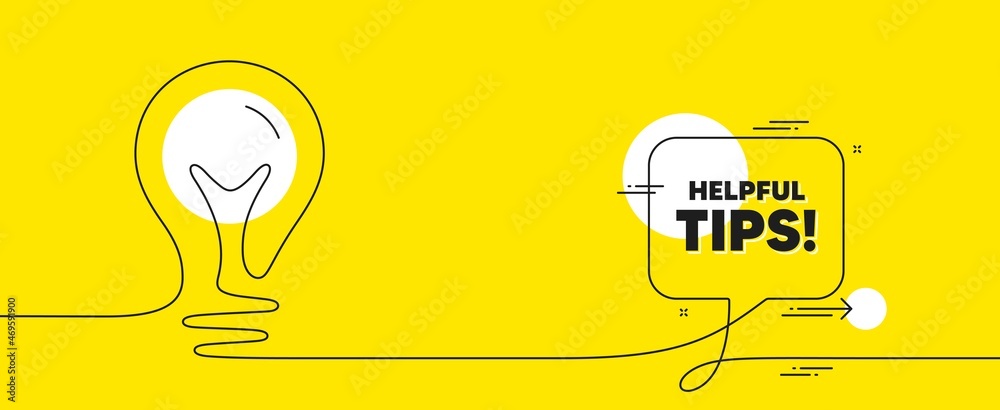 Helpful tips text. Continuous line idea chat bubble banner. Education faq sign. Help assistance symbol. Helpful tips chat message lightbulb. Idea light bulb yellow background. Vector - obrazy, fototapety, plakaty 