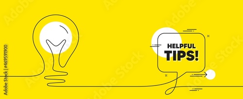 Helpful tips text. Continuous line idea chat bubble banner. Education faq sign. Help assistance symbol. Helpful tips chat message lightbulb. Idea light bulb yellow background. Vector