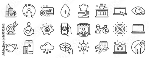 Set of Business icons  such as Cloud computing  Hold box  Share icons. User info  Oil serum  Skyscraper buildings signs. Target goal  App settings  Notebook. Farsightedness  Handshake. Vector