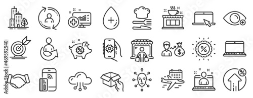 Set of Business icons, such as Cloud computing, Hold box, Share icons. User info, Oil serum, Skyscraper buildings signs. Target goal, App settings, Notebook. Farsightedness, Handshake. Vector