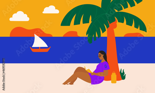 Illustration of woman reading book at the beach