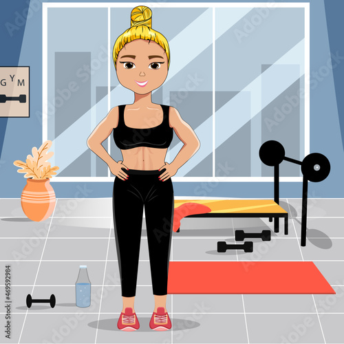The blonde girl in sports uniform goes in for sports. Bodybuilder. Gym. Dumbbells. Cartoon. The character. Slimming. Diet. Room. Stock Vector illustration. Yoga mat. .Healthy lifestyle. Young woman.