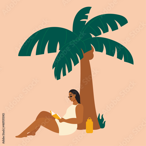 Illustration of woman reading under coconut tree