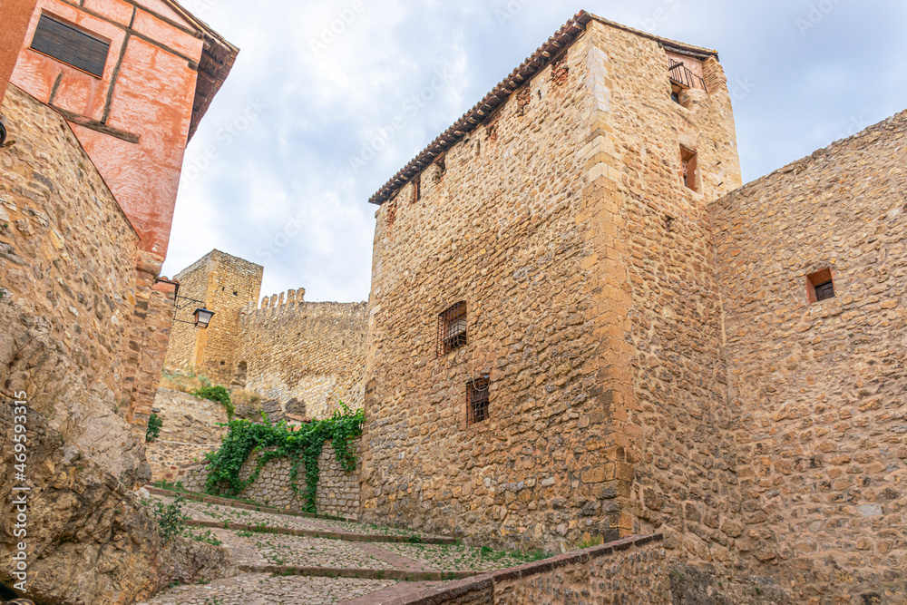 Ancient buildings and walls of the medieval town of Albarracin in the province of Teruel in Aragon, Spain.