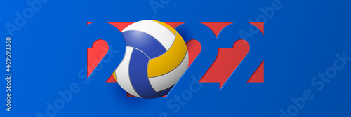 Happy New Year 2022 banner with numbers 2022 and decoration with volleyball ball and volleyball court. Banner template design for New Year decoration in paper cut style. 