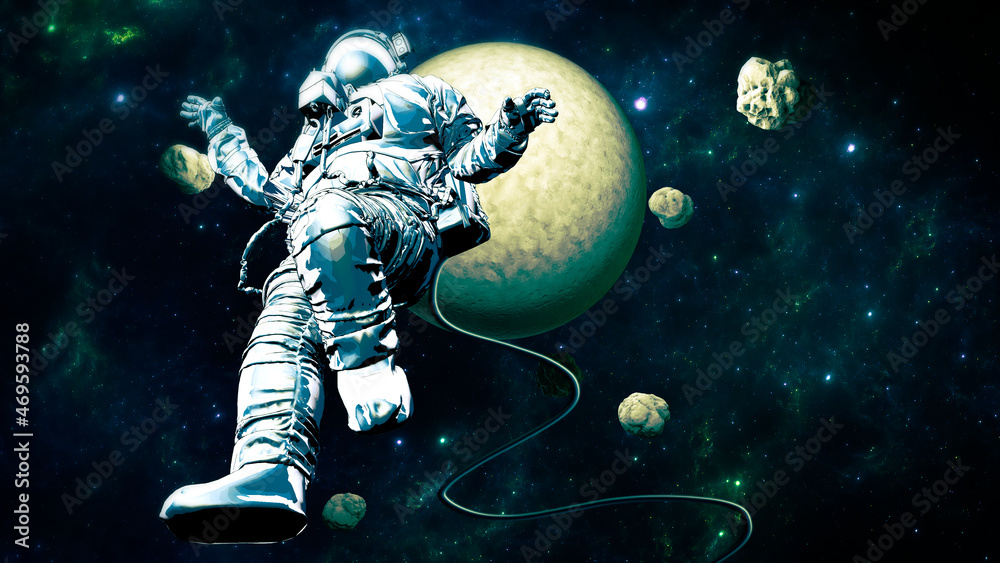 Fototapeta premium Astronaut floating in space. New worlds and unexplored galaxies. Asteroids and planets. Uninhabited rock masses. Sci-fi. Exploration of new worlds. 3d rendering