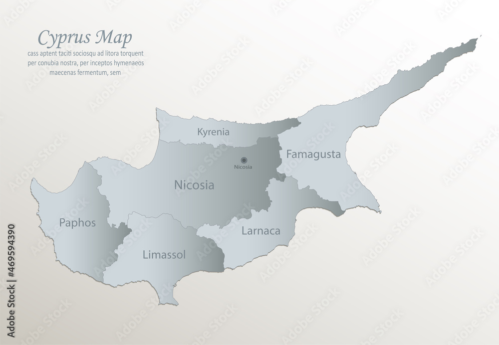 Cyprus map, administrative division with names, white blue card paper 3D vector