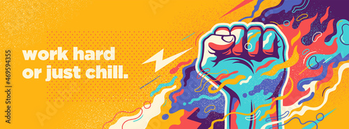 Fényképezés Abstract lifestyle illustration with strong fist, colorful splashing shapes and slogan