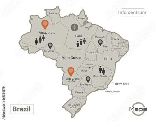 Brazil map, individual regions with names, Infographics and icons vector