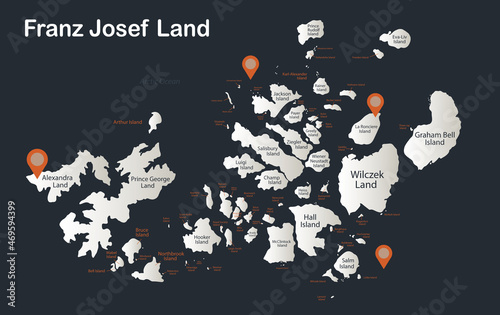 Franz Josef Land map, Infographics flat design colors snow white, with names of individual regions vector