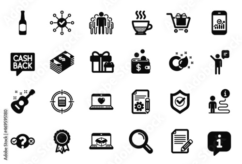 Vector Set of simple icons related to Doppio, Usd currency and Survey check icons. Quiz test, Smartphone statistics and Online delivery signs. Guitar, Agent and Shopping cart. Beer, Group. Vector