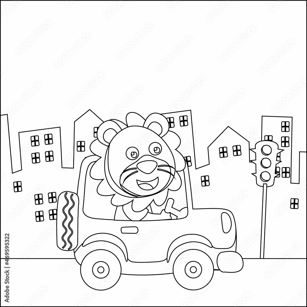 Vector cartoon of funny lion driving car in the road. Childish design for kids activity colouring book or page.