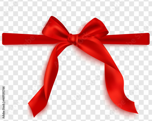 Realistic red bow and ribbon isolated on transparent background. Template for a brochure or postcard. Vector illustration
