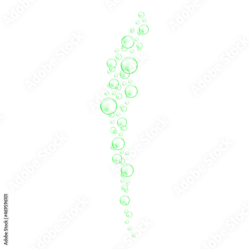 Green underwater bubbles streaming. Fizzy carbonated drink, soap suds, shampoo or cleanser foam texture isolated on white background. Vector realistic illustration.
