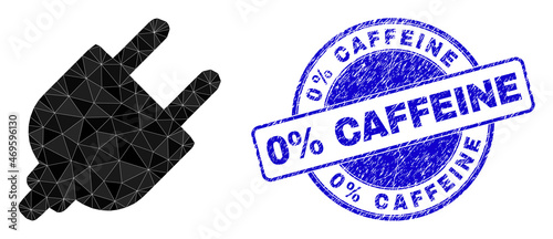 Low-Poly polygonal electrical plugin 2d illustration, and 0% Caffeine rubber seal. Blue seal contains 0% Caffeine caption inside circle it. Electrical plugin icon filled with triangle mosaic.