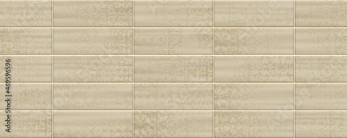 Beige colored rectangle ceramic tiles. Modern seamless pattern, rectangle ceramic tiles with damaged geometric texture. 

