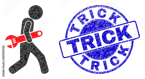 Low-Poly polygonal thief steal spanner icon illustration with Trick unclean stamp seal. Blue seal contains Trick title inside circle it. Thief steal spanner icon filled using triangle mosaic.