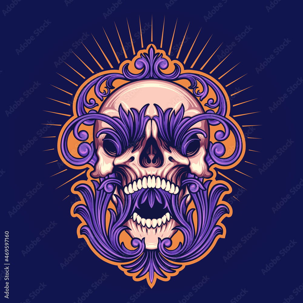Angry Skull Frame Vintage Ornaments Vector illustrations for your work Logo, mascot merchandise t-shirt, stickers and Label designs, poster, greeting cards advertising business company or brands.