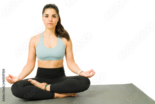 Active woman doing breathing exercises