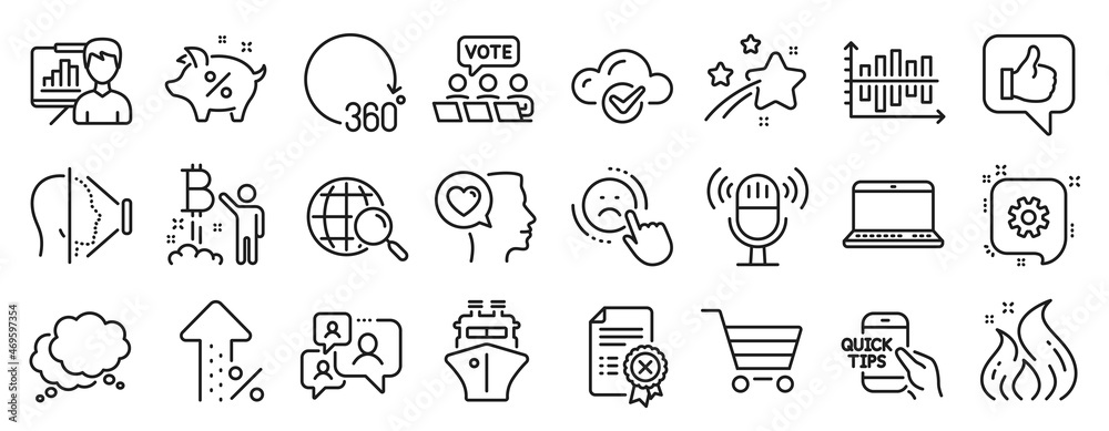 Fototapeta premium Set of Technology icons, such as Microphone, Cogwheel, Romantic talk icons. Notebook, Ship, Web search signs. Presentation board, Like, Cloud computing. Falling star, Increasing percent. Vector
