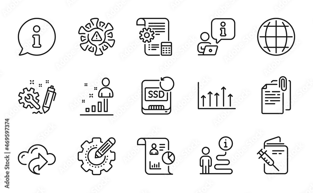 Science icons set. Included icon as Vaccination passport, Report, Globe signs. Engineering, Recovery ssd, Document attachment symbols. Settings blueprint, Growth chart, Settings gear. Vector