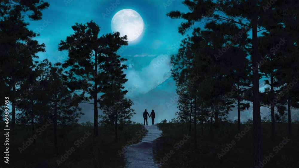 Magical night scene in nature. Mountain landscape with big moon in sky. People holding hands standing. Adventure 3d Rending Art Concept