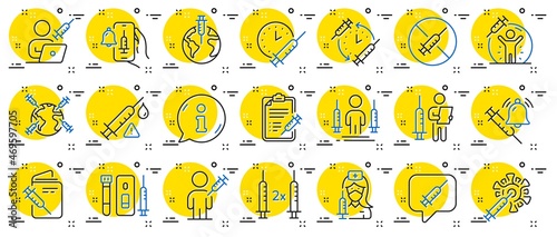 Vaccine line icons. Corona jab, Medical Syringe, Vaccination passport icons. Covid vaccine, Human jabbed and Coronavirus dose. Syringe needle, Corona injection, Vaccination notification. Vector