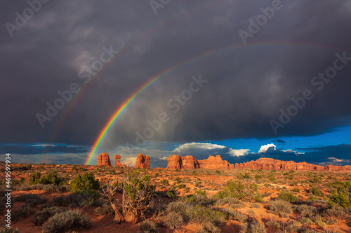 Double rainbow over Balanced Rock in Arches National Park, Utah