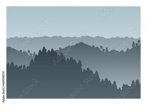 Misty mountain and forest silhouette. Simple flat illustration.