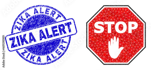 Lowpoly polygonal octagon stop palm 2d illustration with Zika Alert dirty seal. Blue seal includes Zika Alert title inside round it. Octagon stop palm icon filled with triangles.