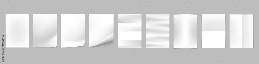 Paper set. Sheet of white A4 format paper, isolated on gray background. A4 paper mockup design.
