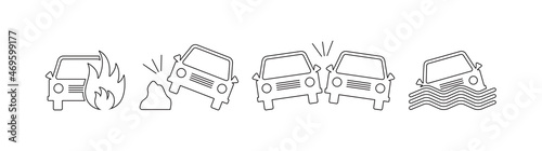 Car crash line vector icon. Cars accident insurance set. Black silhouettes isolated on white background. Simple illustration