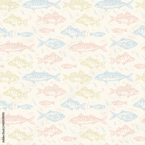 The fish pattern is colored. A variety of marine and river marine life. Seafood pattern for textiles. Vector illustration