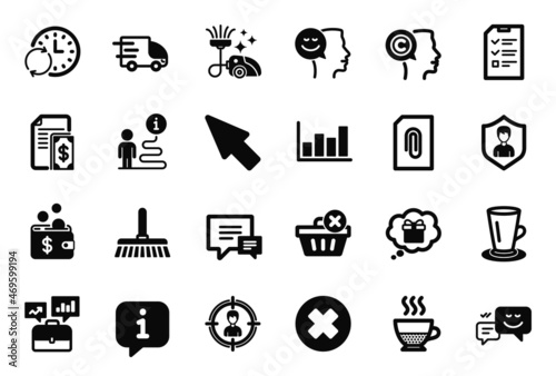 Vector Set of simple icons related to Security agency, Doppio and Delete purchase icons. Good mood, Business portfolio and Happy emotion signs. Writer, Mouse cursor and Attachment. Comment. Vector