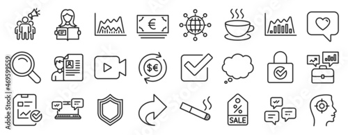 Set of line icons, such as Security, Euro currency, Job interview icons. Money currency, Share, Password encryption signs. Search, Trade chart, Cappuccino. Love message, Chat messages. Vector