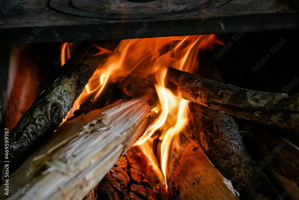 Flames of fire in eucalyptus wood heating wood stove.
Flames of fire in eucalyptus wood heating wood stove.