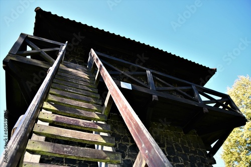 Hölzerne Leiter zur Aussengalerie rekonstruierter römischer Wachtturm in Pohlheim / Wetterau photo