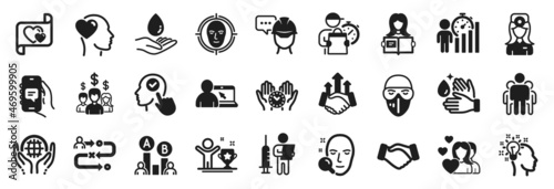 Set of People icons, such as Journey path, Couple, Deal icons. Organic tested, Medical mask, Vaccination announcement signs. Delivery man, Handshake, Wash hands. Select user, Love letter. Vector