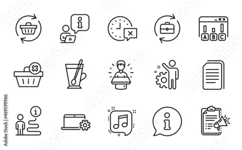 Line icons set. Included icon as Tea mug, Survey results, Employee signs. Delete order, Time, Musical note symbols. Notebook service, Copy files, Megaphone checklist. Refresh cart. Vector
