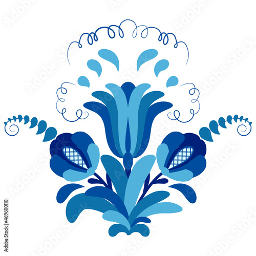 Bouquet of painted blue flowers in the style of traditional cobalt painting on porcelain. Single object of design isolated on white background.