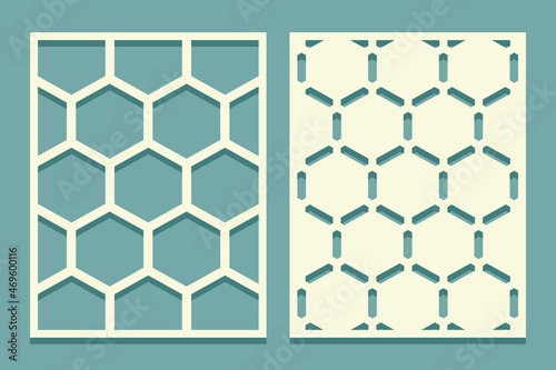 Cutting templates set. Die and laser cut screen panels. Stencil with honeycombs pattern For drawing, plaster and painting walls or floors. Set of cliche direct and inverse patterns