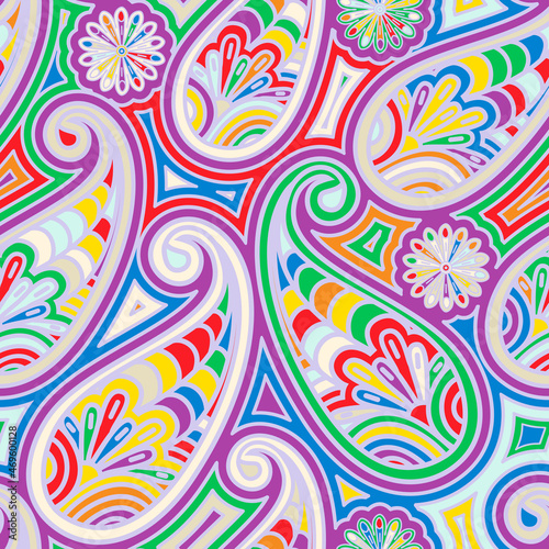 Vivid seamless paisley pattern. Red yellow blue multicolored tile ornament. Hippie Colorful wallpaper. Indian decorative print Batik for wrapping paper fabric textile, home decor