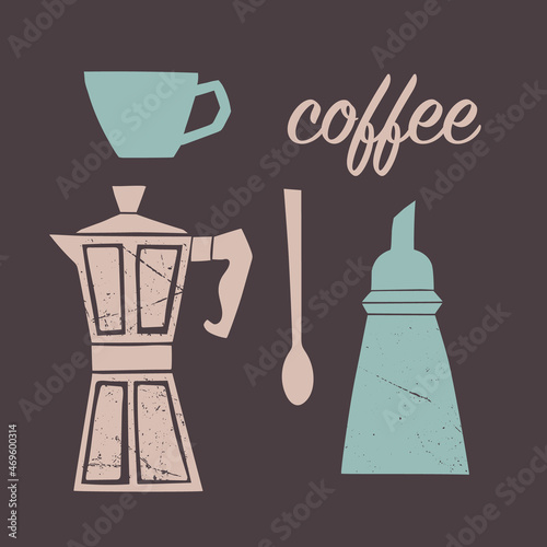 Vector set of images of utensils for drinking coffee: cup, coffee maker, sugar bowl, spoon. Isolated. Coffee shop, cafe, breakfast. Retro, grunge, illustration, flat, minimalism. Brown, beige, blue