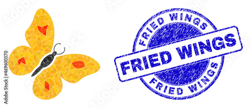 Low-Poly triangulated butterfly icon illustration, and Fried Wings corroded stamp seal. Blue seal has Fried Wings text inside round shape. Butterfly icon is filled using triangle mosaic. photo