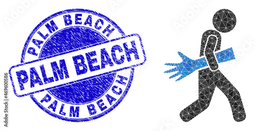 Lowpoly polygonal maneken hand courier icon illustration with Palm Beach scratched seal imitation. Blue stamp seal includes Palm Beach caption inside round shape.