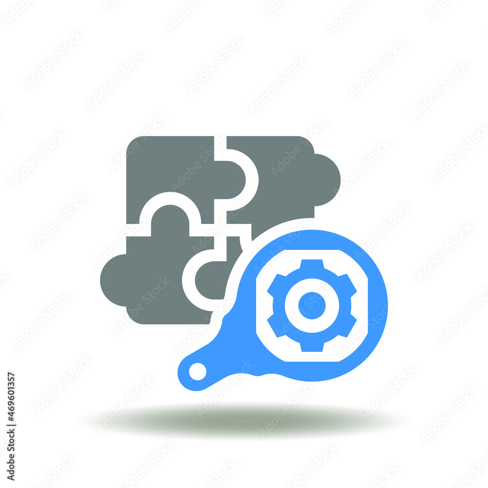 Vector illustration of puzzle pieces with magnifier and gear. Icon of Research and Development. Symbol of search for ideas, development and implementation. Vector illustration of puzzle pieces with magnifier and gear. Icon of Research and Development. Symbol of search for ideas, development and implementation.