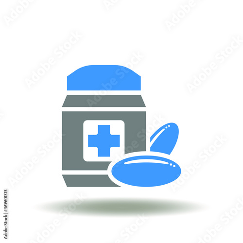Vector illustration of vial capsule supplement. Icon of nutritional supplements. Symbol of biologically active additive: vitamins, minerals, trace elements, omega-3.
