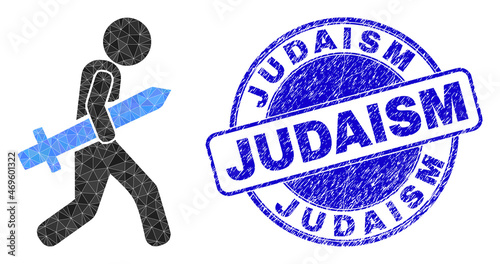 Lowpoly polygonal sword gunman icon illustration with Judaism grunge watermark. Blue stamp contains Judaism text inside round form. Sword gunman icon is filled with triangle mosaic.