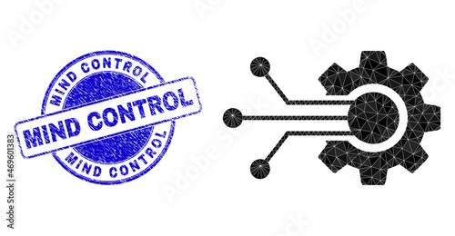 Low-Poly polygonal smart cog connections icon illustration with MIND CONTROL grunge stamp seal. Blue stamp seal includes Mind Control tag inside circle form.